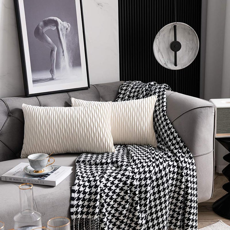 DEZENE Ivory White Couch Pillow Covers: 2 Pack 12x20 Inch Original Striped Velvet Rectangular Throw Pillow Cases for Farmhouse Home Decor - Image 2